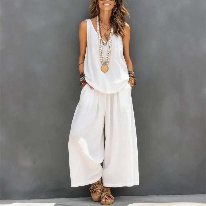 Conjunto de Blusa sin Mangas de Color Liso y Pantalones Anchos de Algodón y Lino para Mujer, para Uso Diario y Vacaciones