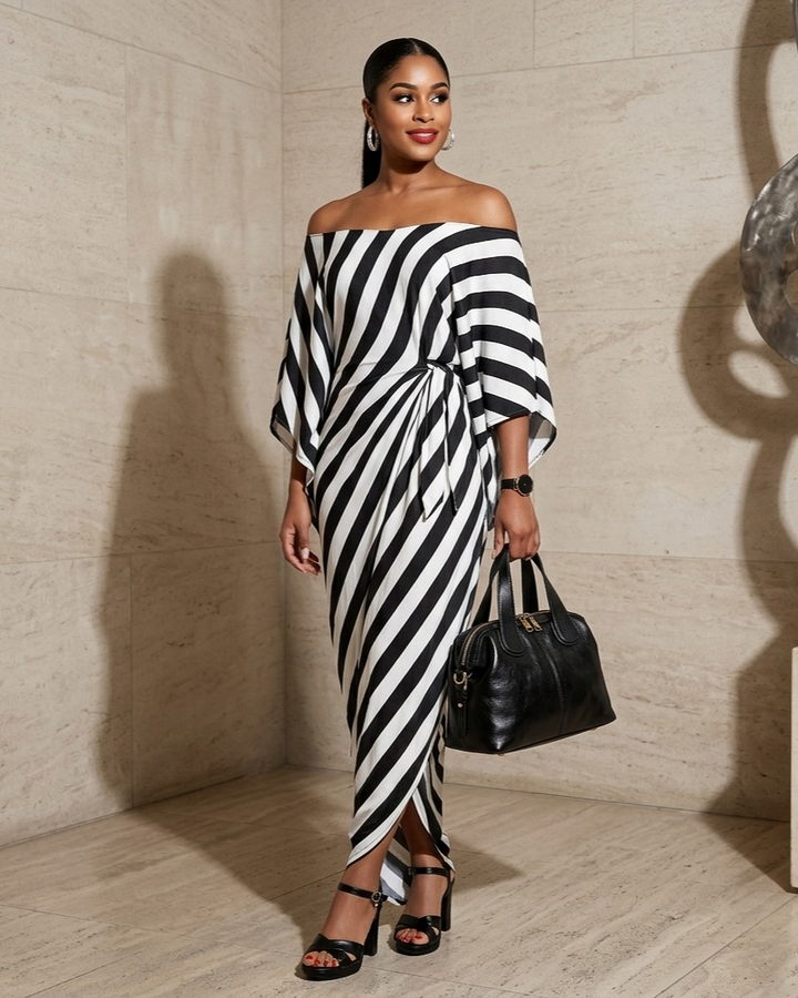 Womens Fashionable Loose Striped Off-Shoulder Dress