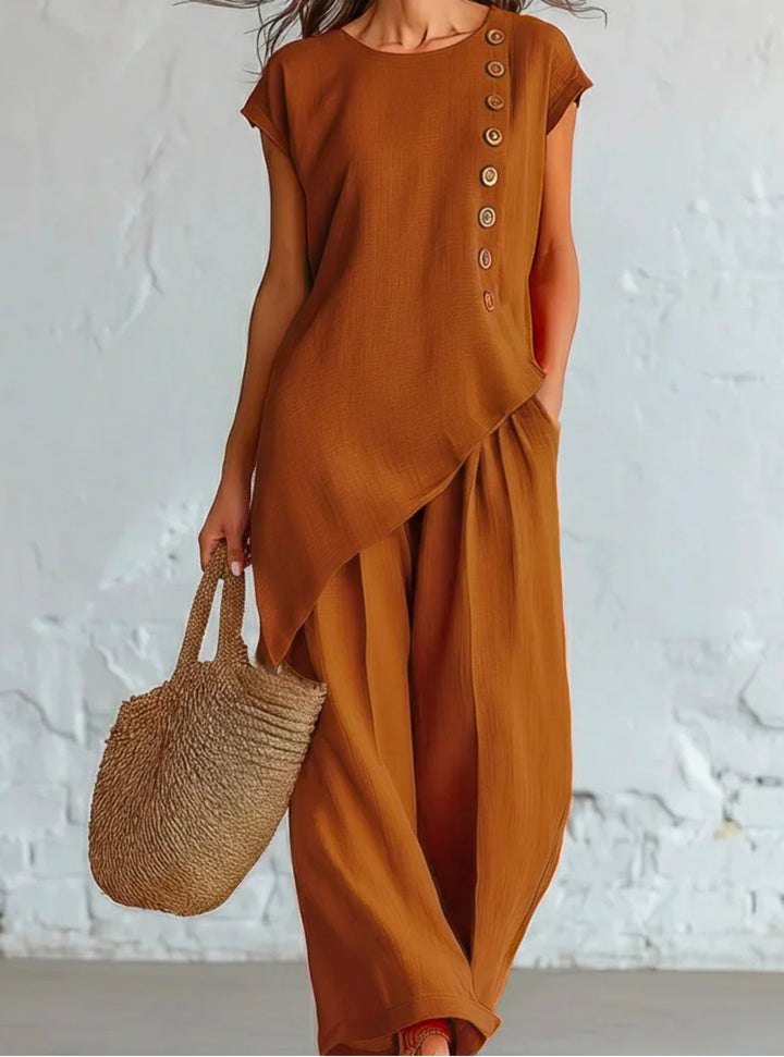 Womens Solid-Color Crew-Neck Buttoned Short-Sleeve Wide-Leg Pants Set