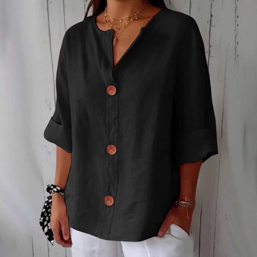 Blusa cómoda de algodón y lino con cuello en V y botones