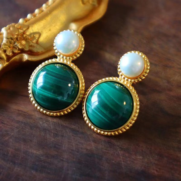 Pendientes de perlas y malaquita verde para mujer