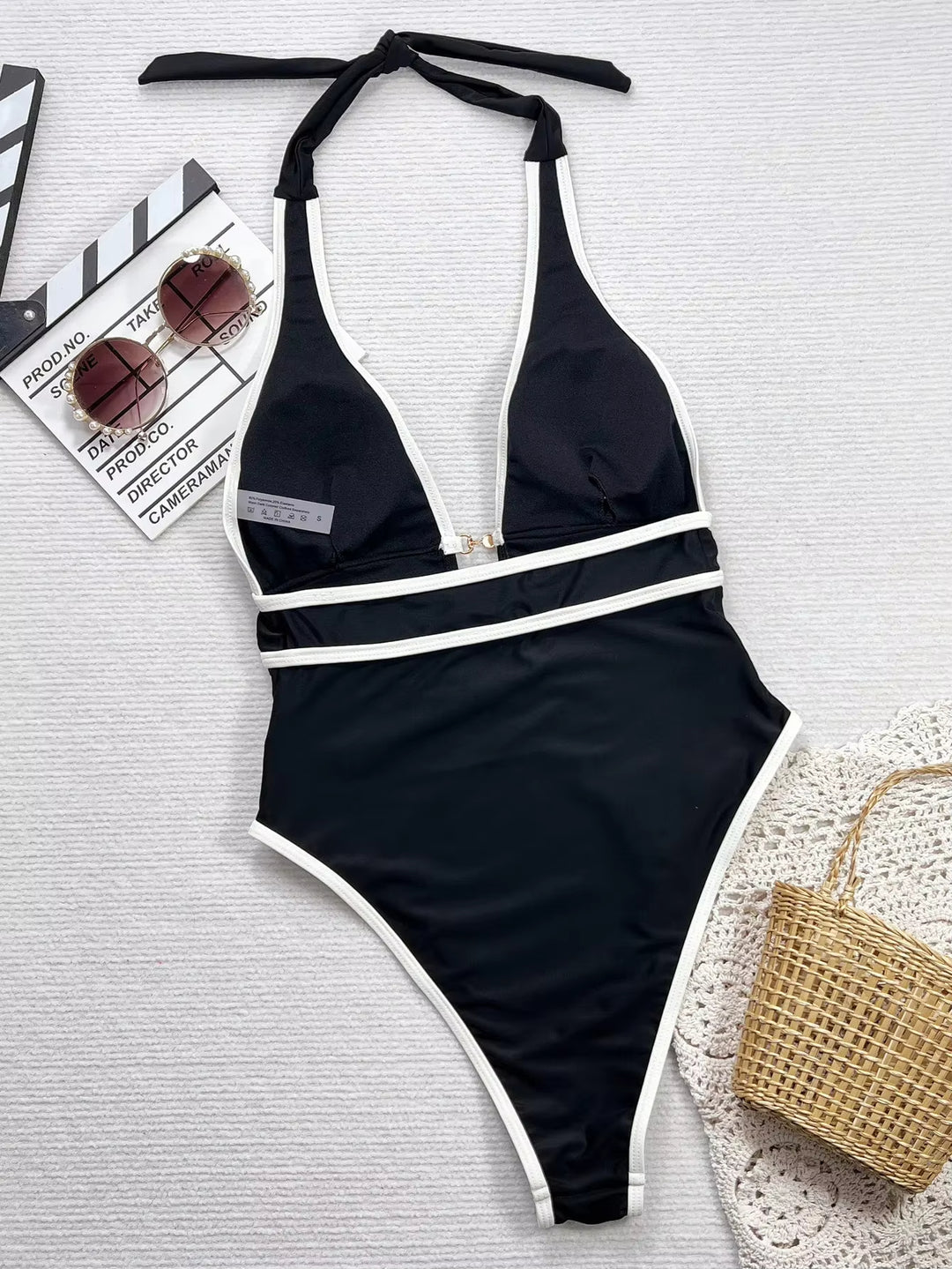 Traje de baño sexy de una pieza con tirantes, escote pronunciado en V, estampado cruzado en blanco y negro, delgado