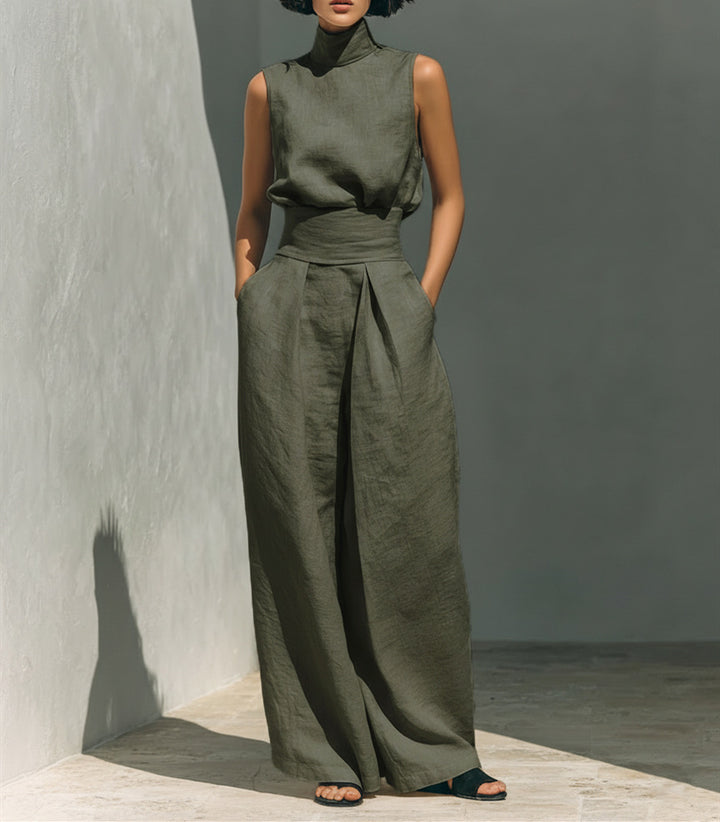 Casual Sleeveless Suit Summer Stand-up Collar Pullover Top And Loose Straight-leg Trousers Women&