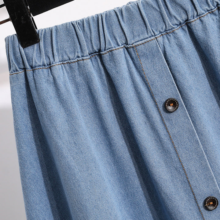 Plus Size Breasted Elastic Waist Blue Denim Skirt