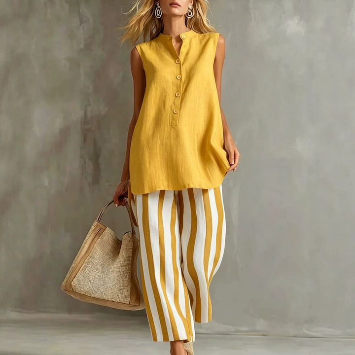 Casual Sleeveless Shirt Top And Striped Wide-Leg Pants Two-Piece Set