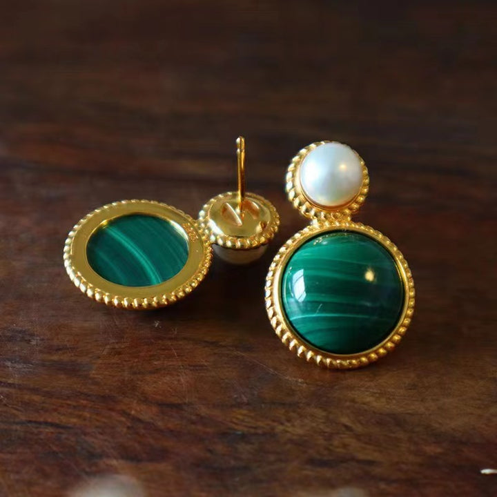 Pendientes de perlas y malaquita verde para mujer