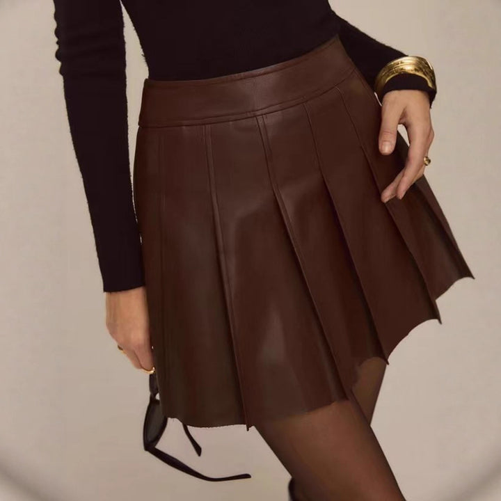 Coffee-colored PU Leather Short Pleated Skirt