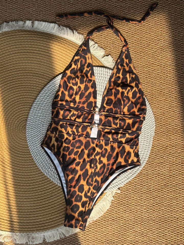 Traje de baño sexy de una pieza con tirantes, escote pronunciado en V, estampado cruzado en blanco y negro, delgado