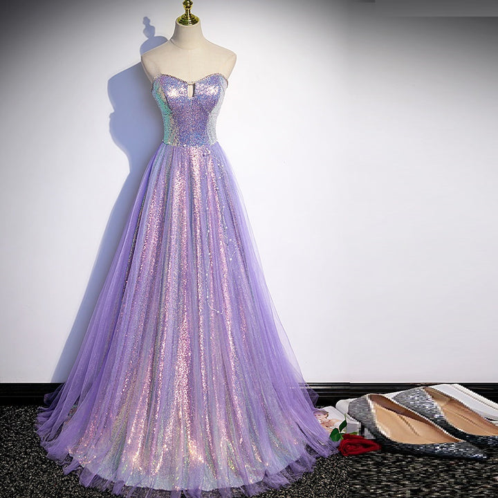 Vestido de noche con lentejuelas y top morado de tubo, de lujo ligero y alta gama, para mujer