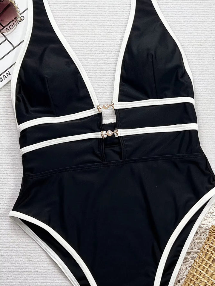 Traje de baño sexy de una pieza con tirantes, escote pronunciado en V, estampado cruzado en blanco y negro, delgado