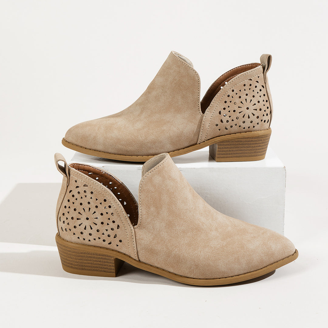 Women Shoes Retro Mesh Ankle Square Heels Boots Female Slip On Mid Heels Casual Botas