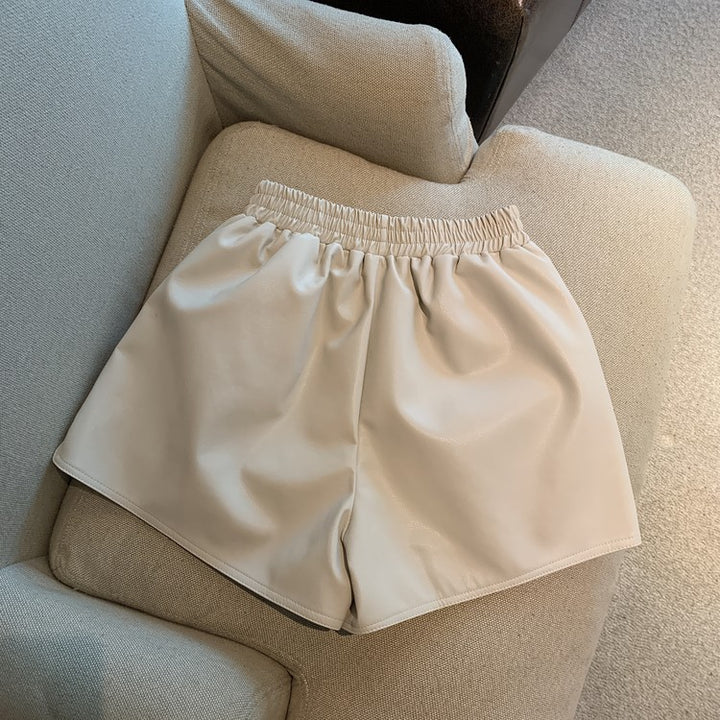 Pantalones cortos de cuero PU para mujer, cintura alta, sueltos, con abertura, informales