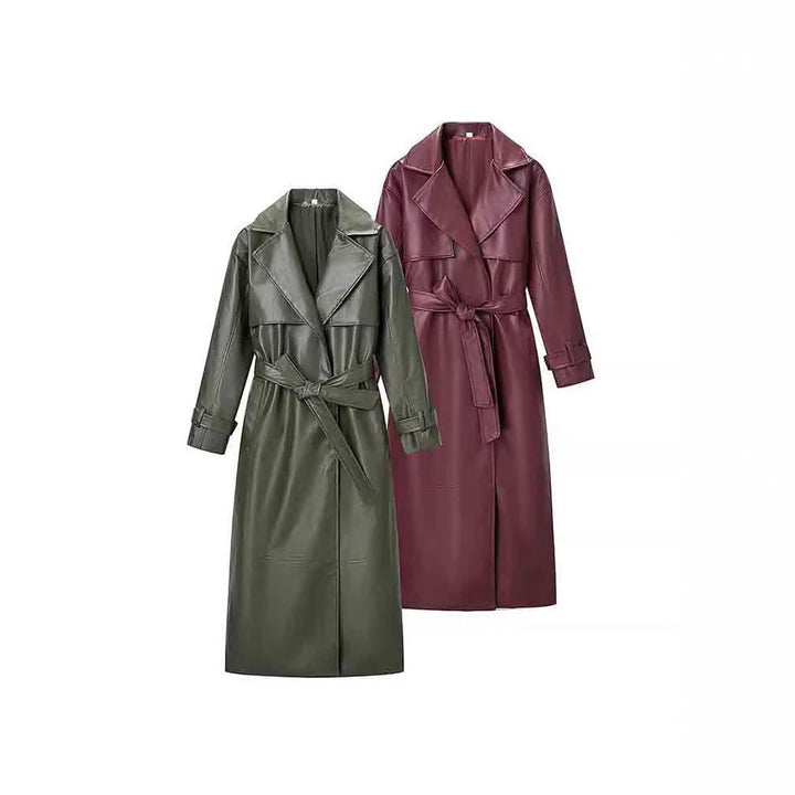 Chaqueta de cuero larga, elegante y chic para mujer