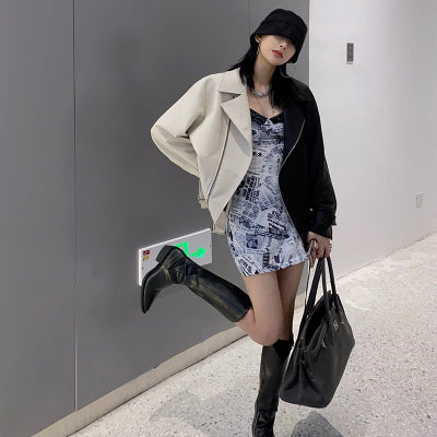 Collision Color Locomotive Cruela Black and White Women Loose Short Pu Leather Jacket