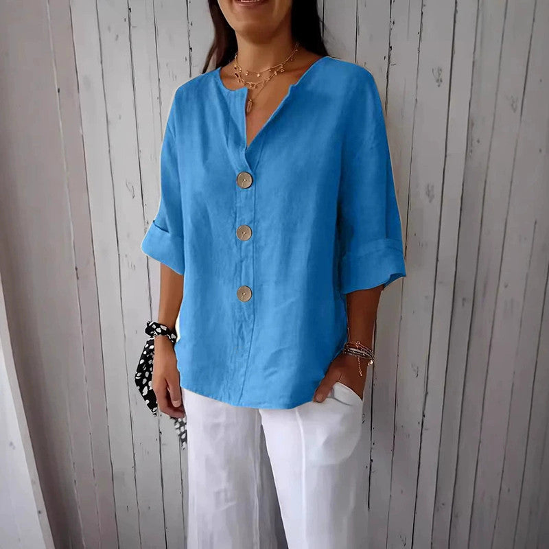 Blusa cómoda de algodón y lino con cuello en V y botones
