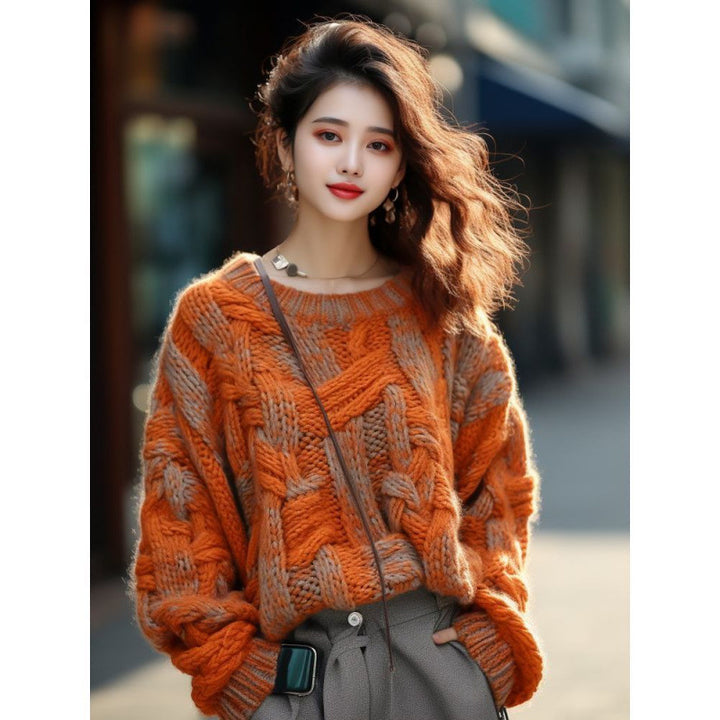 Abrigo de suéter de hilo grueso estilo clásico naranja para mujer