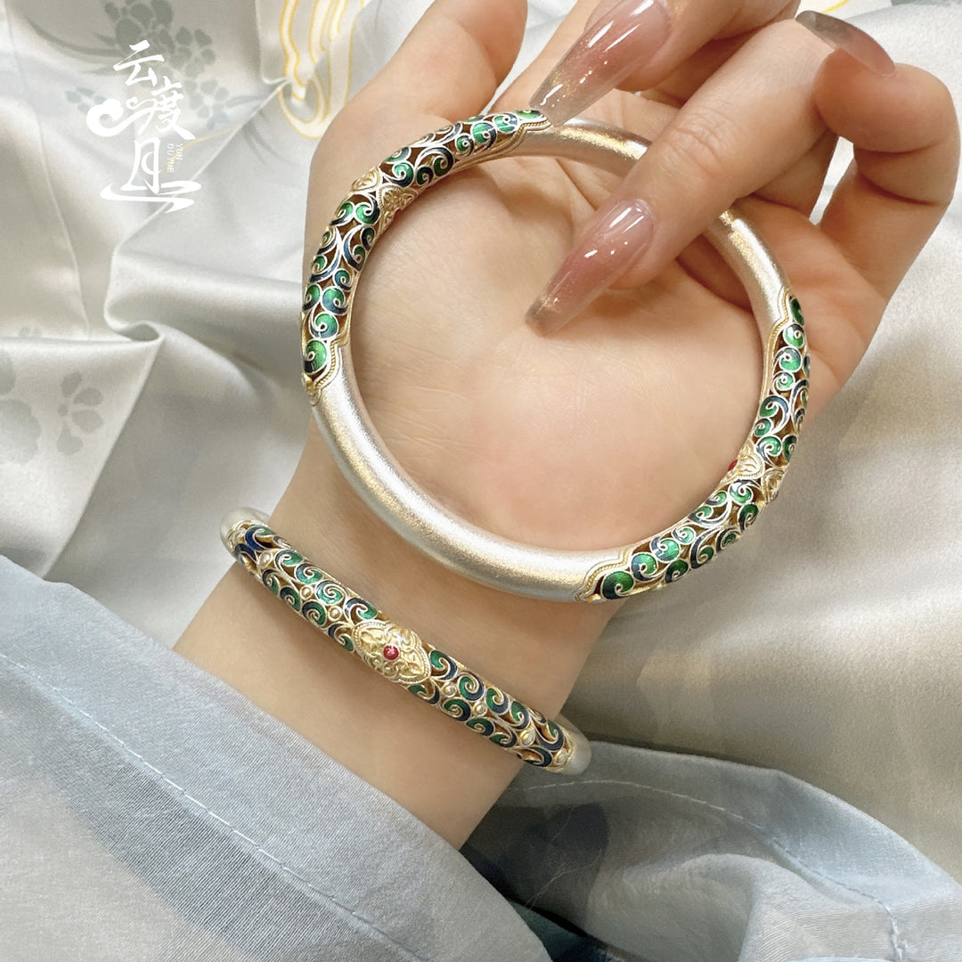 Pulsera S999 de Plata Esterlina con Esmalte, Diseño de Desplazamiento y Detalles Dorados para Mujer, Estilo Tradicional Chino, Brazalete Fijo, Joyería Versátil
