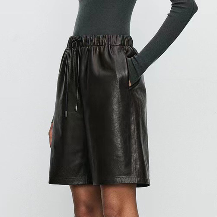 Pantalones cortos de cuero de piel de oveja con cintura elástica, versátiles, casuales, de pierna recta para mujer