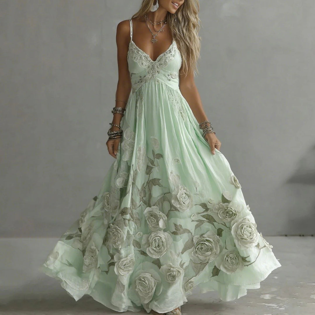 Vestido largo sexy sin mangas con estampado floral de rosas en 3D para mujer