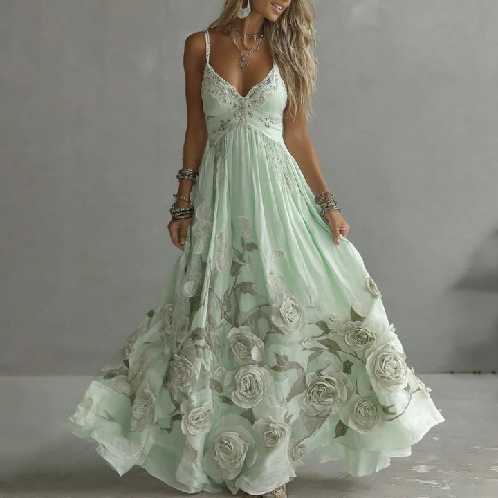 Vestido largo sexy sin mangas con estampado floral de rosas en 3D para mujer
