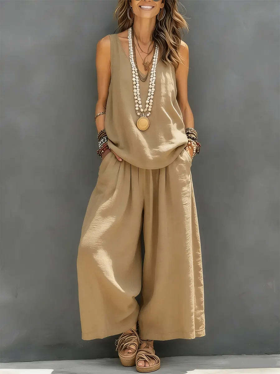 Conjunto de Blusa sin Mangas de Color Liso y Pantalones Anchos de Algodón y Lino para Mujer, para Uso Diario y Vacaciones