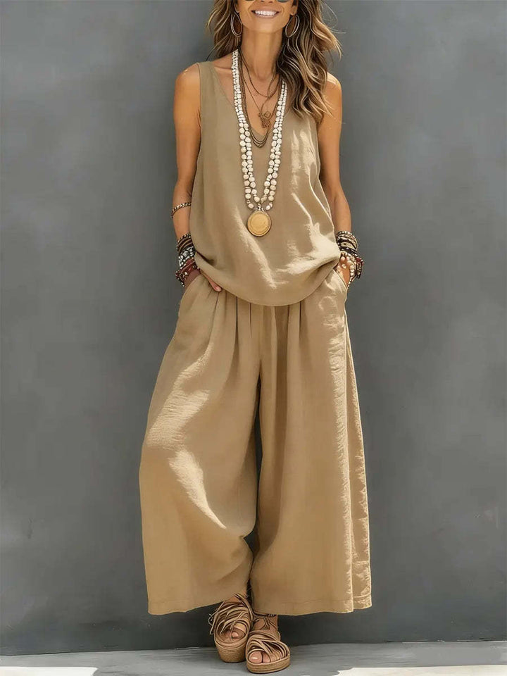 Conjunto de Blusa sin Mangas de Color Liso y Pantalones Anchos de Algodón y Lino para Mujer, para Uso Diario y Vacaciones
