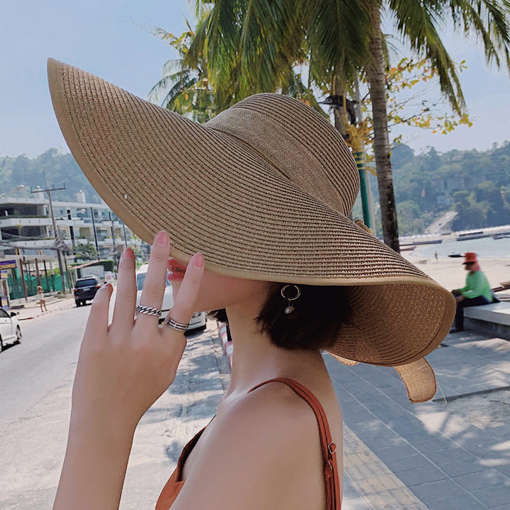 Sombrero de paja tejido para mujer, gorro de sol para playa y viajes