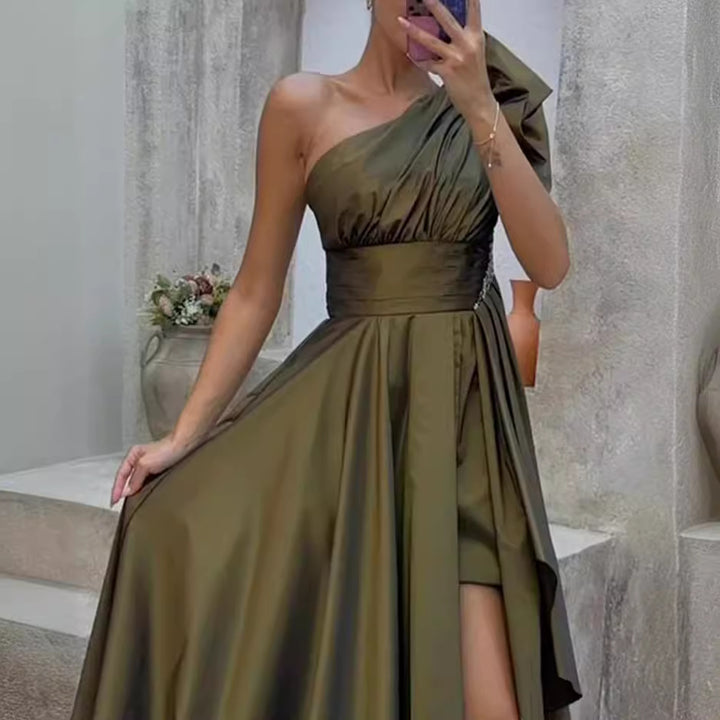 Olive Green One-Shoulder Satin Evening Gown with High Slit