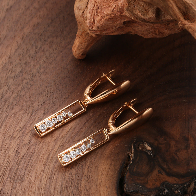 Pendientes de circonita chapados en cobre y oro, estilo moderno para mujer, rectangulares de oro rosa.