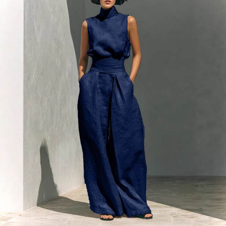 Casual Sleeveless Suit Summer Stand-up Collar Pullover Top And Loose Straight-leg Trousers Women&