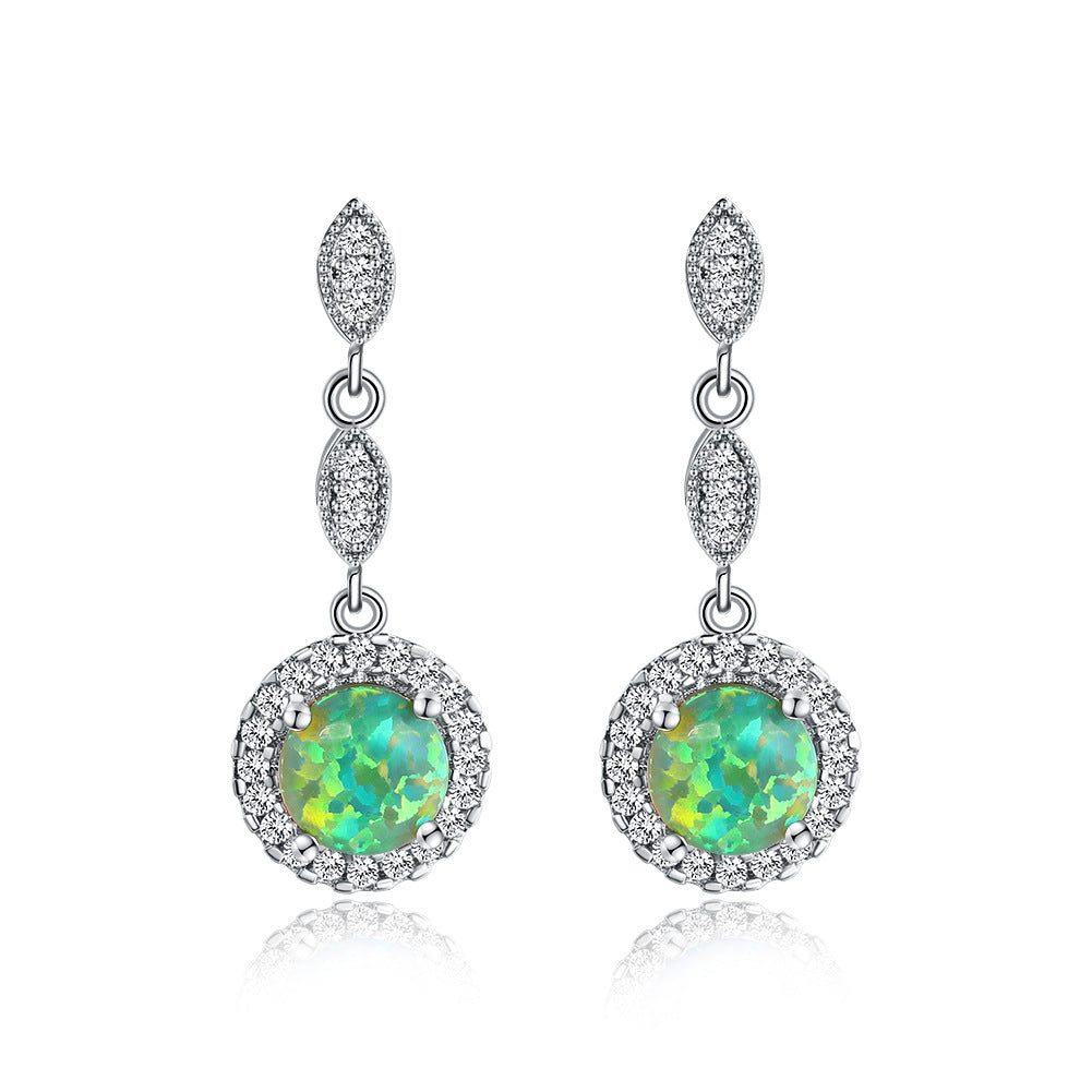 Pendientes colgantes versátiles de ópalo redondo brillante multicolor de oro blanco