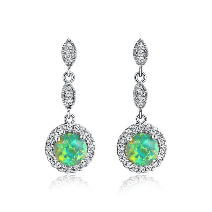 Pendientes colgantes versátiles de ópalo redondo brillante multicolor de oro blanco