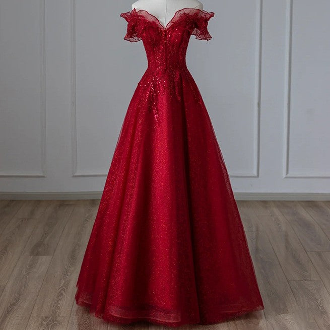 Vestido de Noche Rojo sin Hombros para Mujer