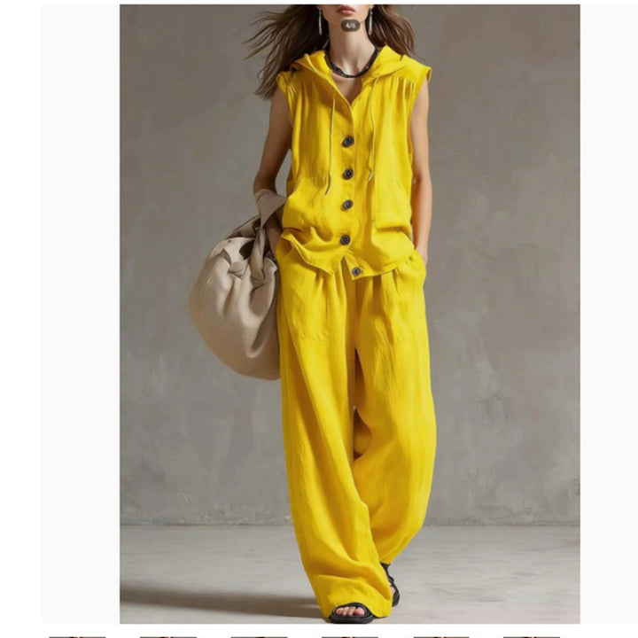 Conjunto de Top con Capucha sin Mangas Holgado Casual y Pantalones de Pierna Ancha de Talle Alto