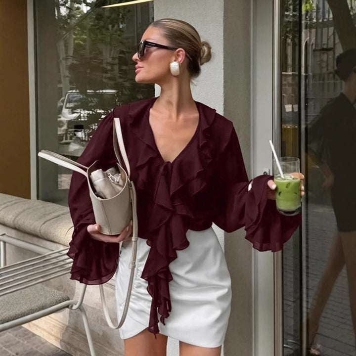 Retro High-grade Burgundy V-neck Lace-up Top