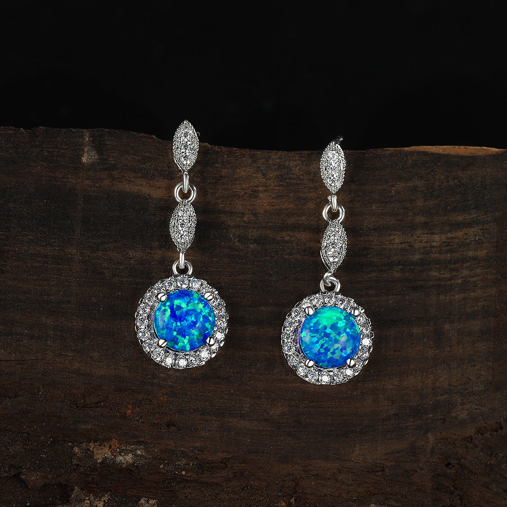 Pendientes colgantes versátiles de ópalo redondo brillante multicolor de oro blanco