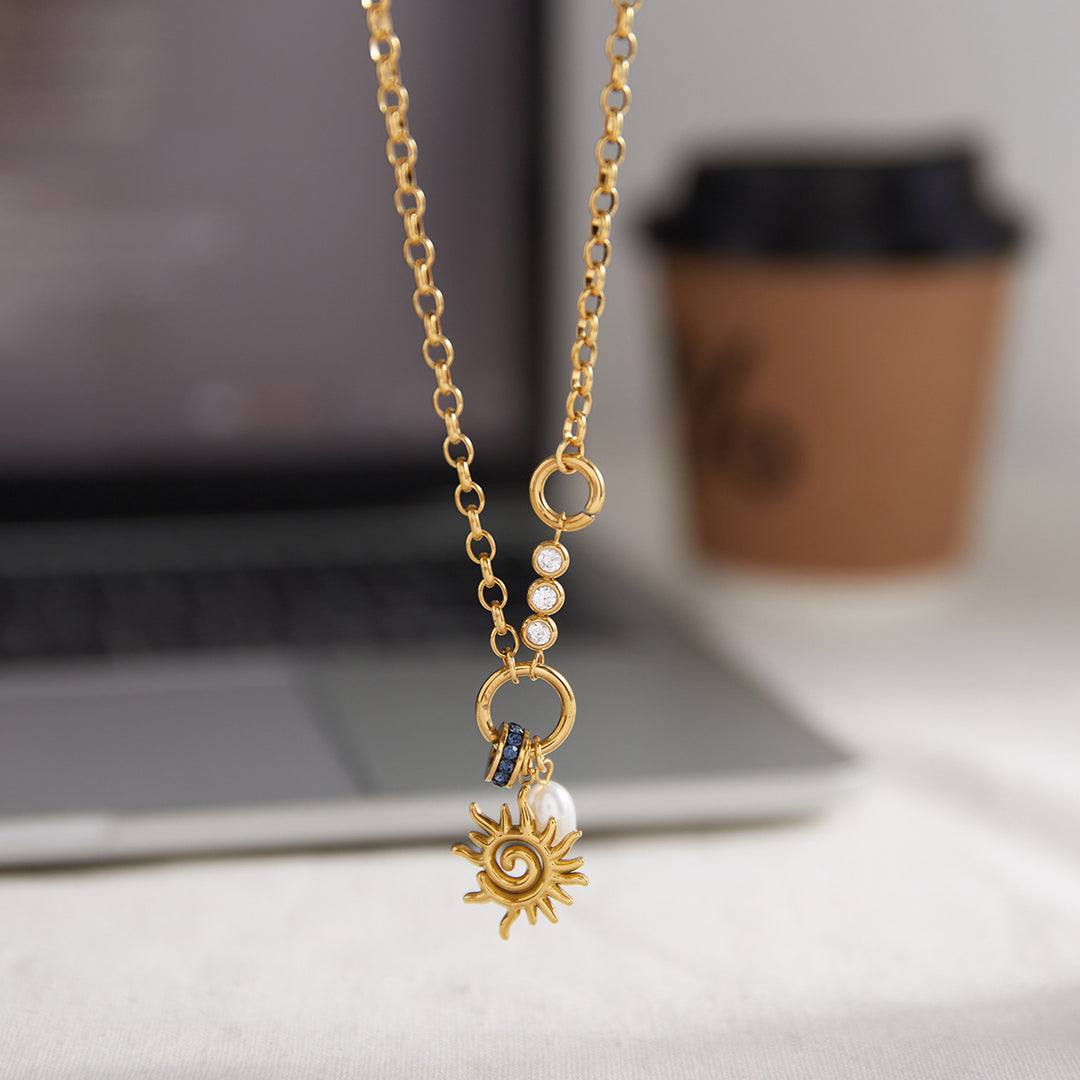 Spiral Solar Pendant Titanium Steel Freshwater Pearl Necklace