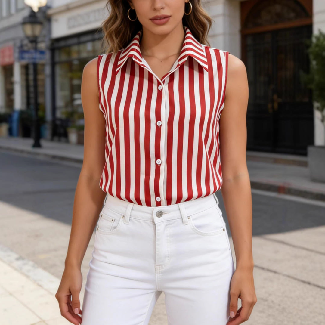 Woman wearing a red and white striped sleeveless shirt and white pants on a city street.