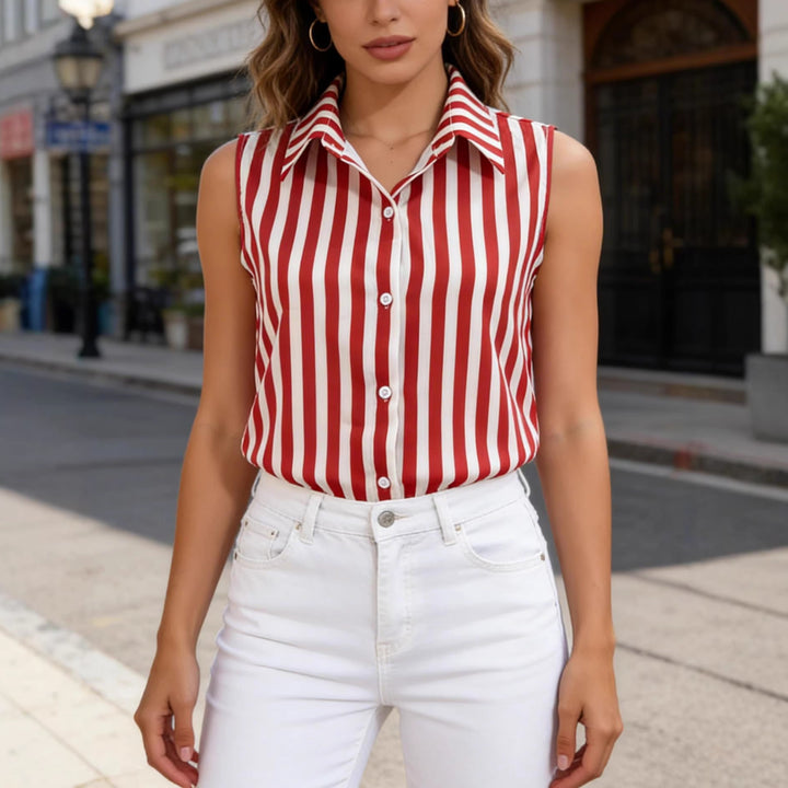 Woman wearing a red and white striped sleeveless shirt and white pants on a city street.