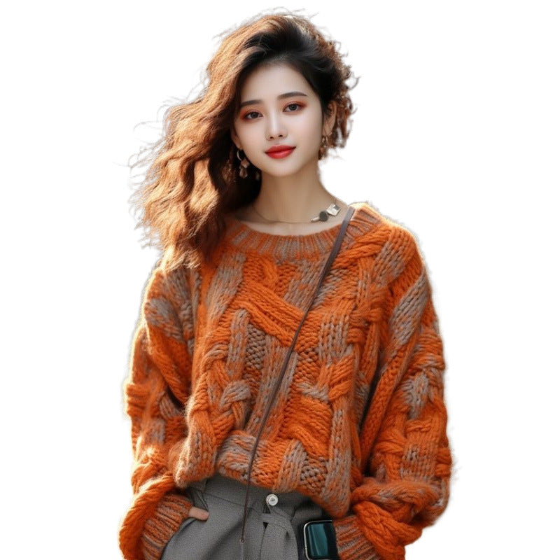 Abrigo de suéter de hilo grueso estilo clásico naranja para mujer