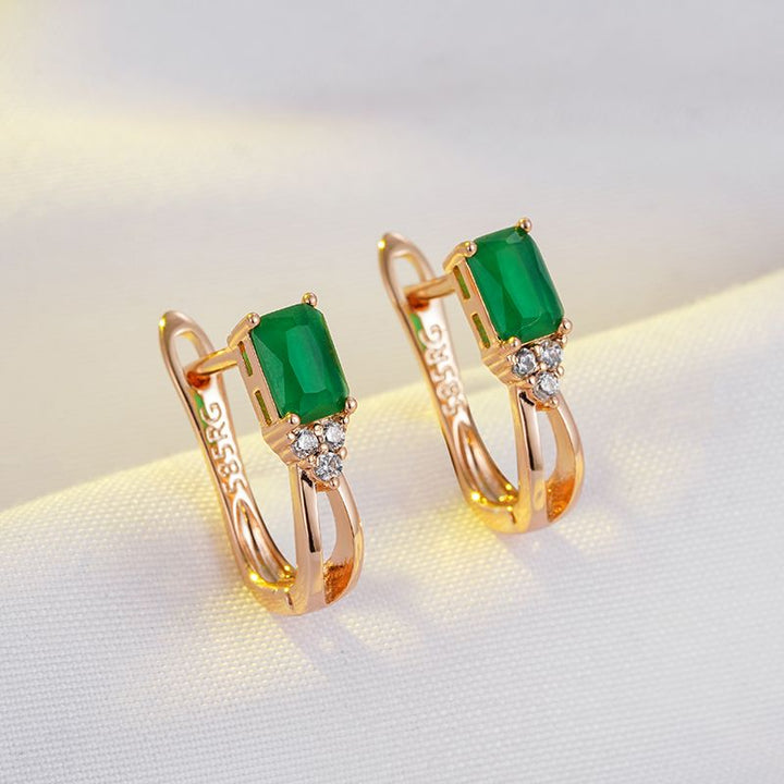 Pendientes de botón cuadrados de circonita verde de oro rosa