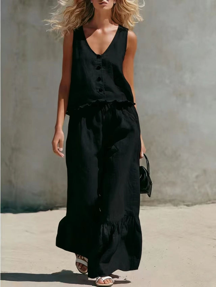 Womens Fashion Casual Solid Color V-Neck Vest And Pants Two-Piece Set