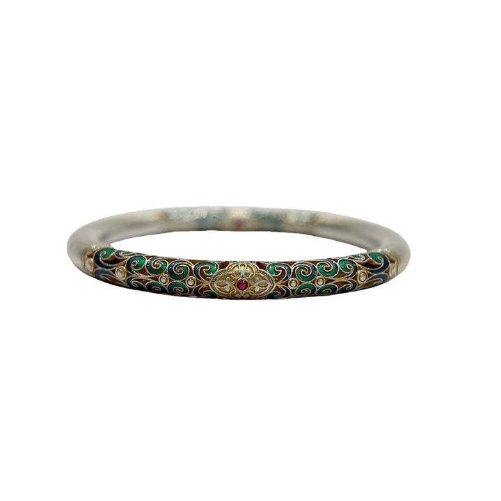 Pulsera S999 de Plata Esterlina con Esmalte, Diseño de Desplazamiento y Detalles Dorados para Mujer, Estilo Tradicional Chino, Brazalete Fijo, Joyería Versátil