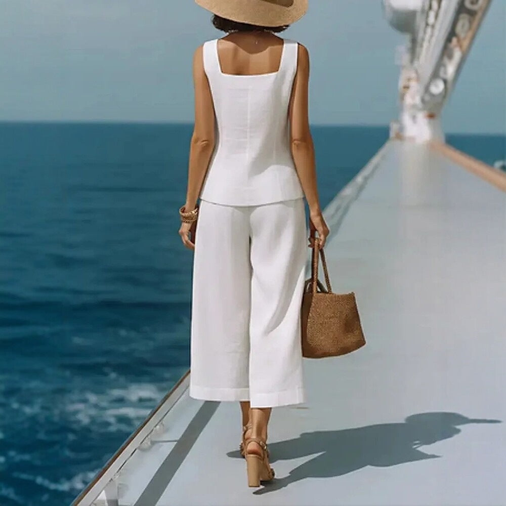 Classic Cotton-linen Square-neck Top And Capri Pants Set