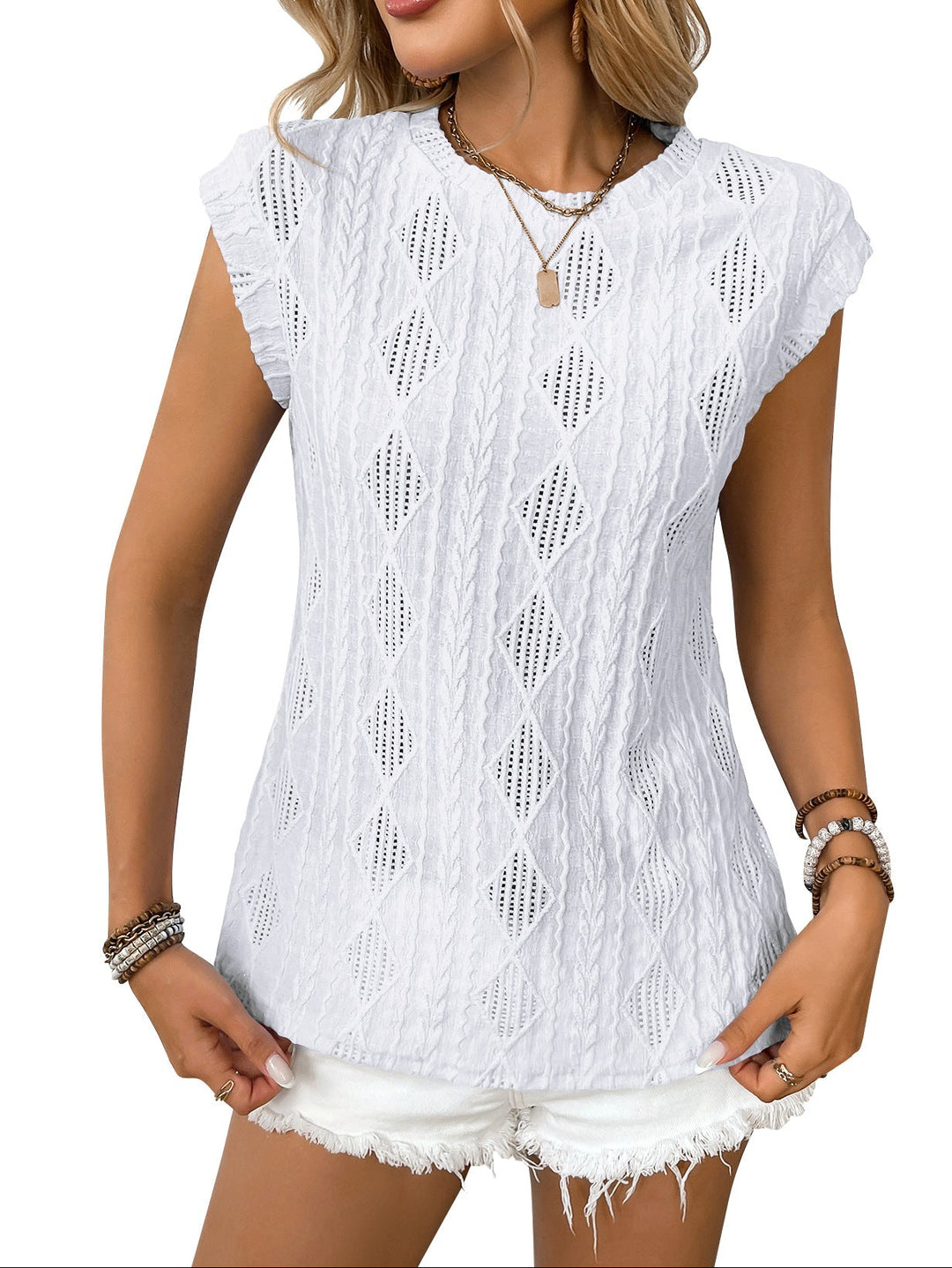 Jacquard Short Sleeve Loose T-shirt Vest For Women