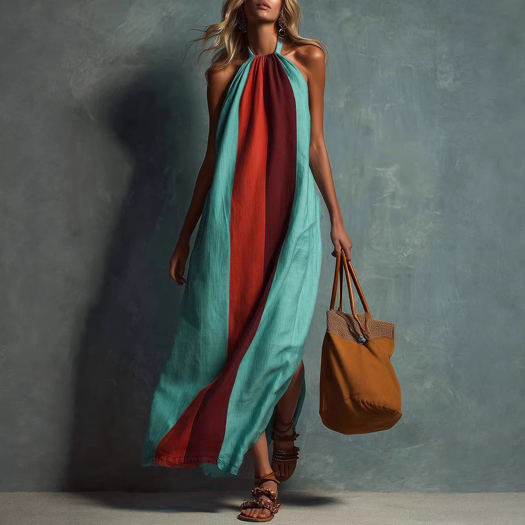 Neck-hanging Color-block Sleeveless Womens Long Dress