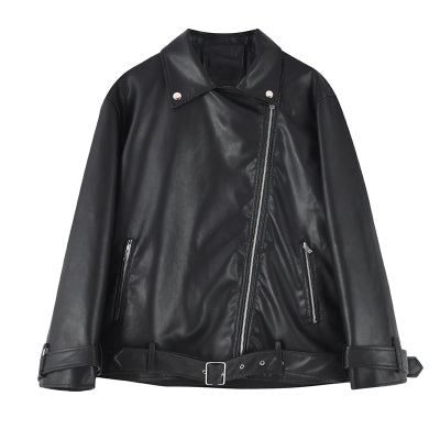 Collision Color Locomotive Cruela Black and White Women Loose Short Pu Leather Jacket