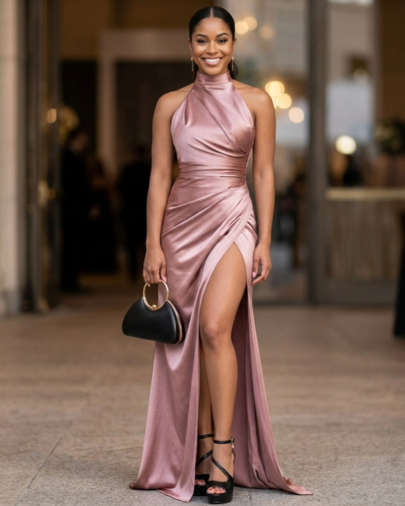 Woman in a pink satin dress with a high slit standing indoors.