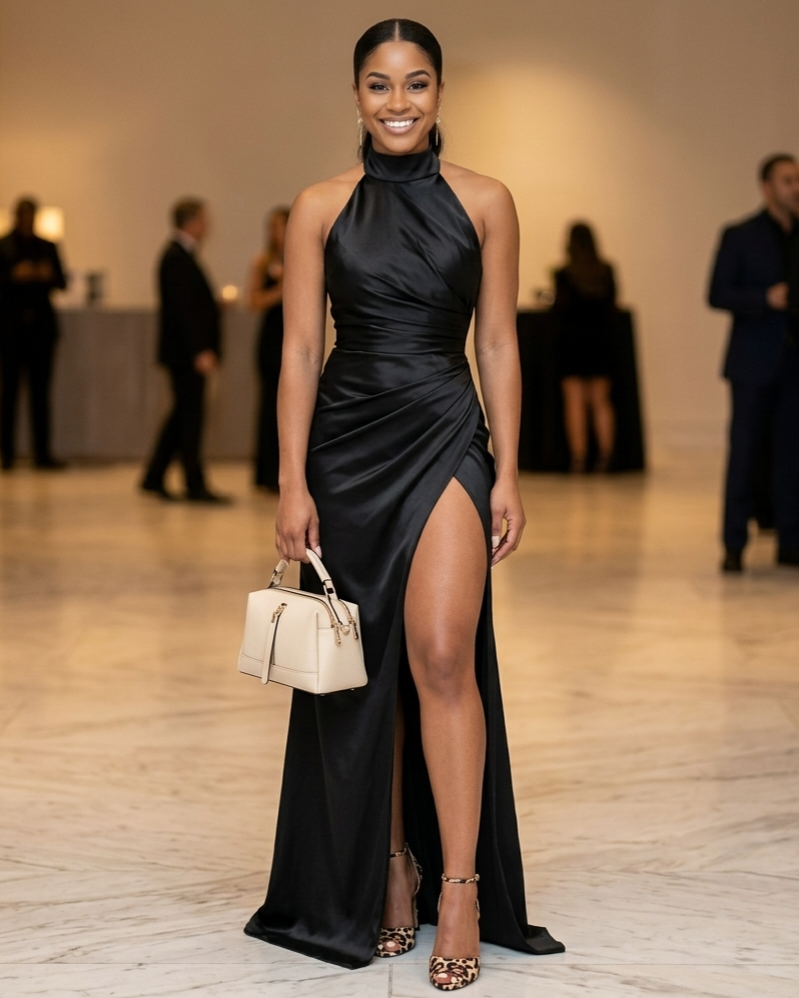 Woman in a black evening gown with a high slit, holding a beige handbag, at an event.