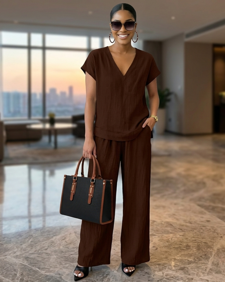 Fashionable V-neck Short-sleeve T-shirt And Wide-leg Pants Womens Suit
